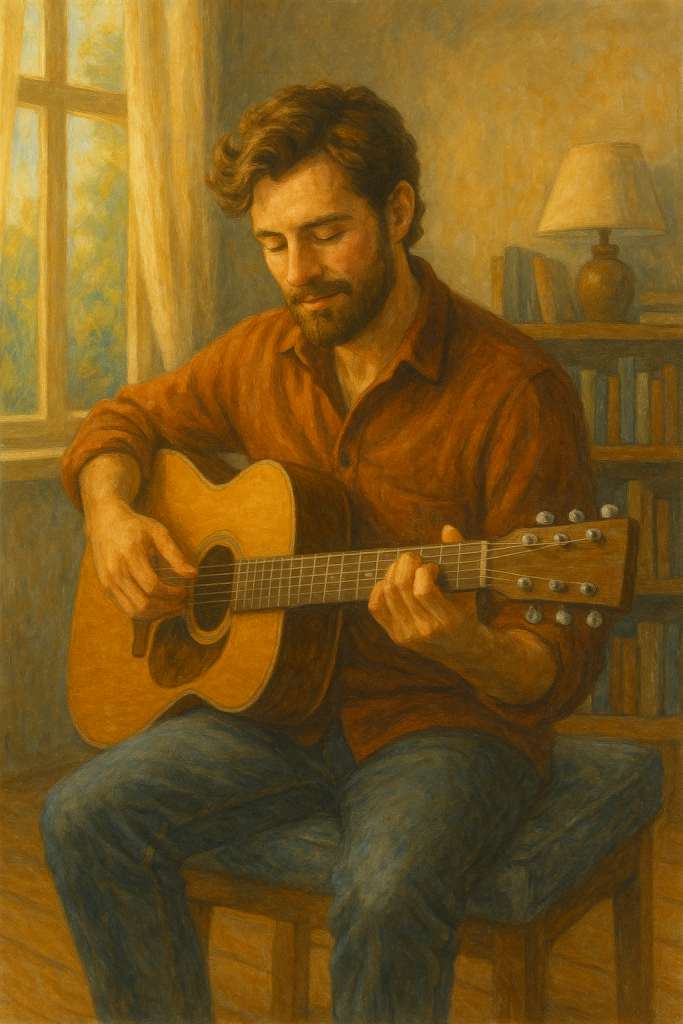 Homme assis en train de jouer de la guitare