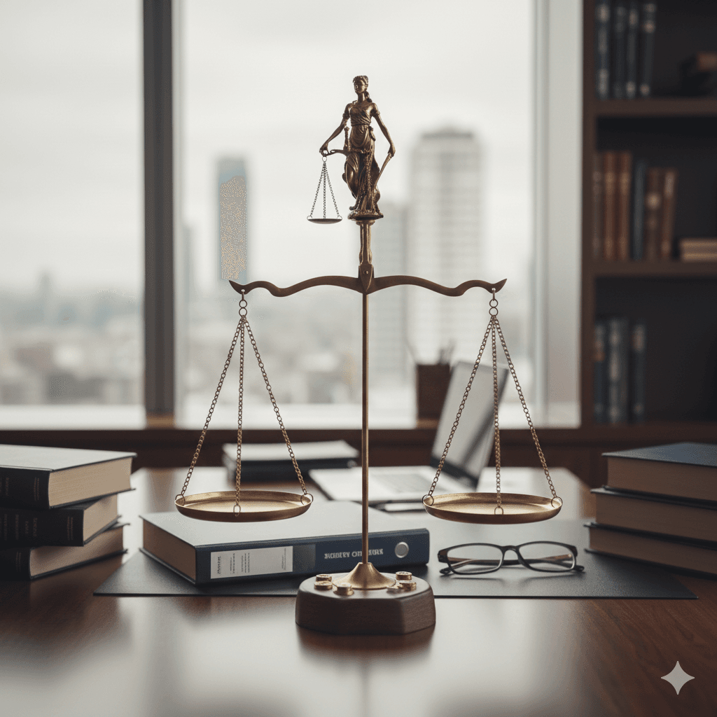 Une balance de la justice sur un bureau d'avocat